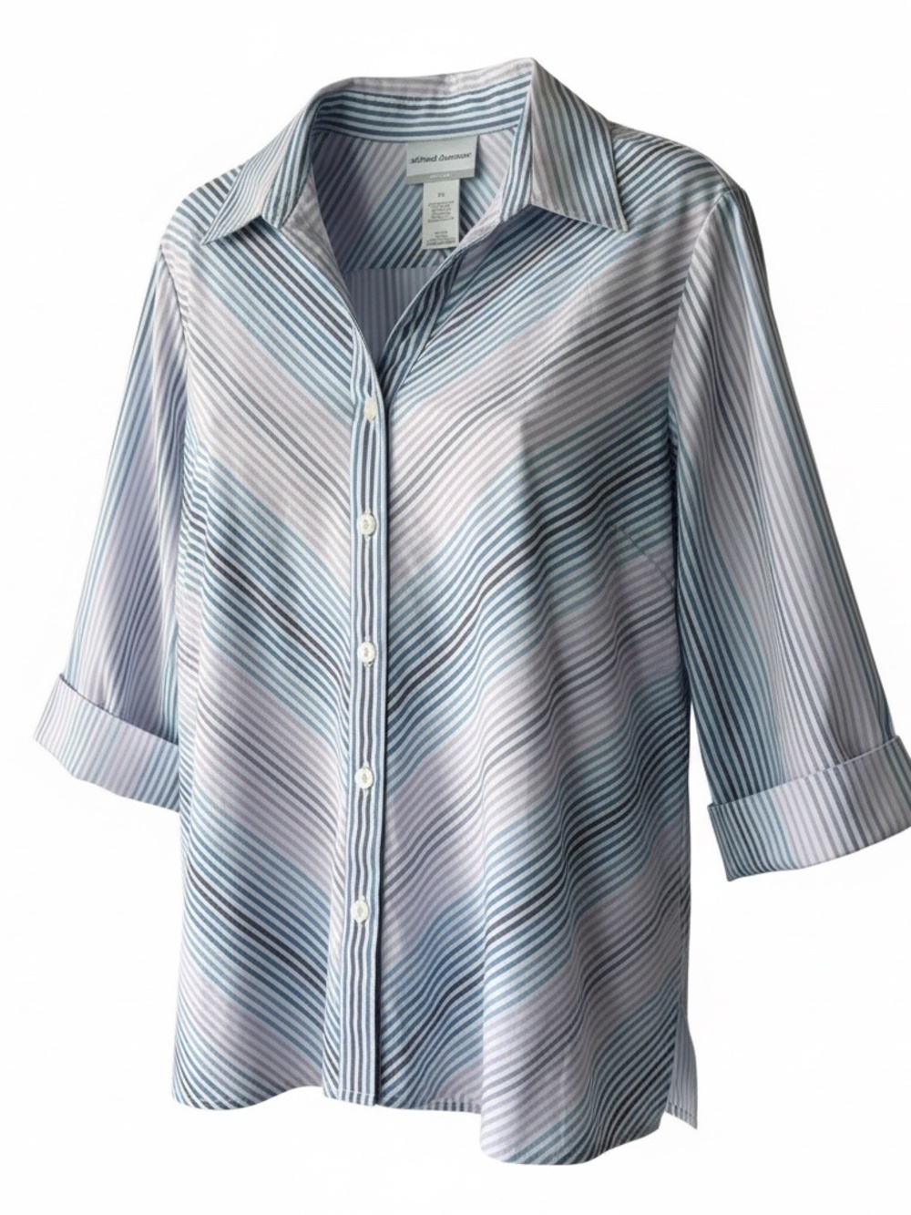 Alfred Dunner Womens Button-Up Blouse Blue Pink Stripe 3/4 Sleeves Size PL